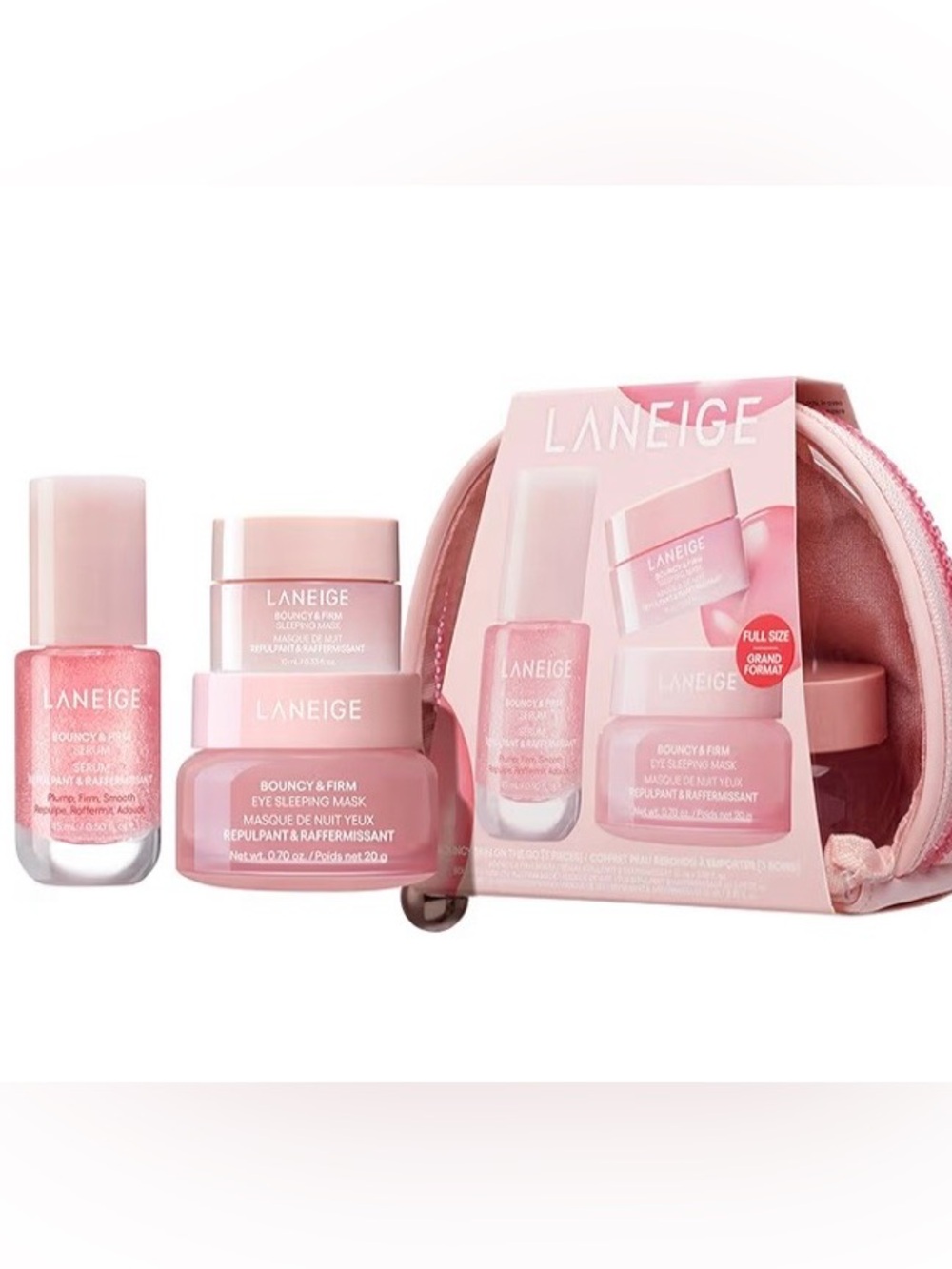 LANEIGE Full Size Eye Mask, Bouncy Sleep Mask, & Serum Trio in Travel Pouch NWT